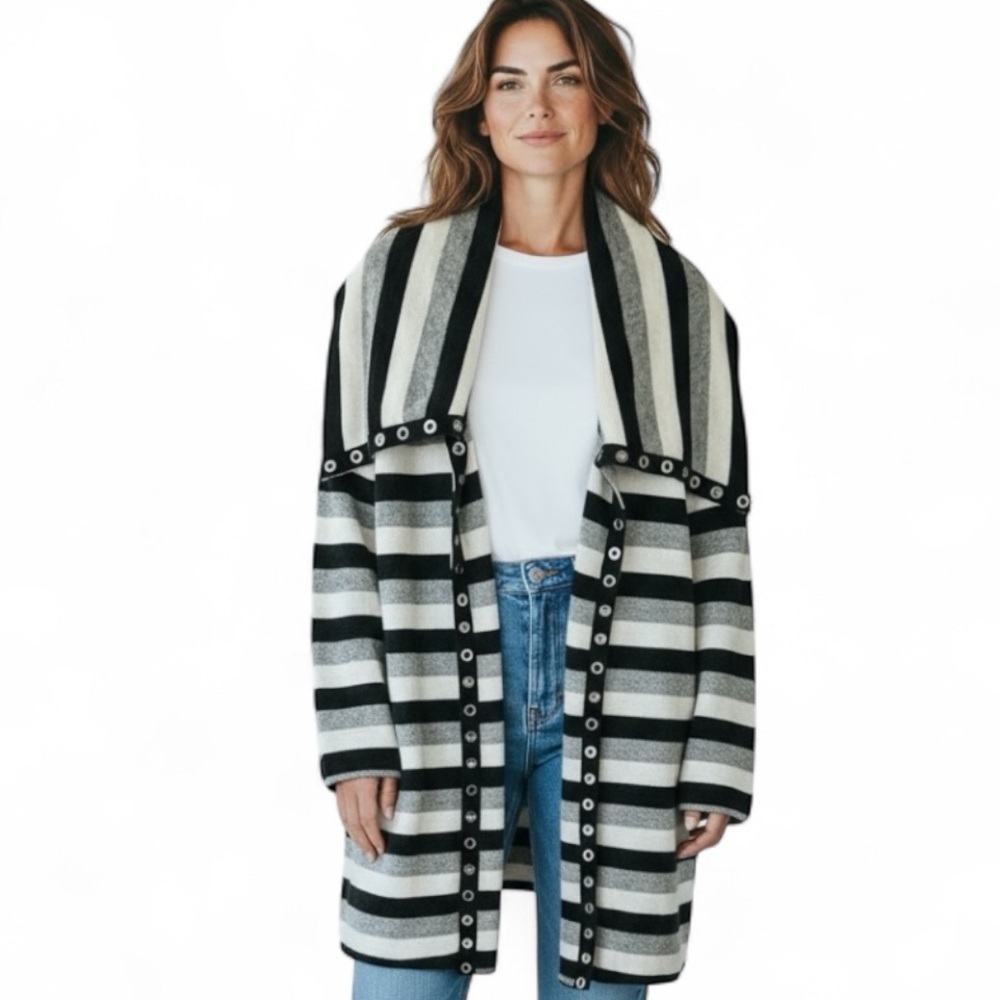 BAR by Melis Kozan Cardigan Striped Open Front Shawl Collar Grommet Accents M